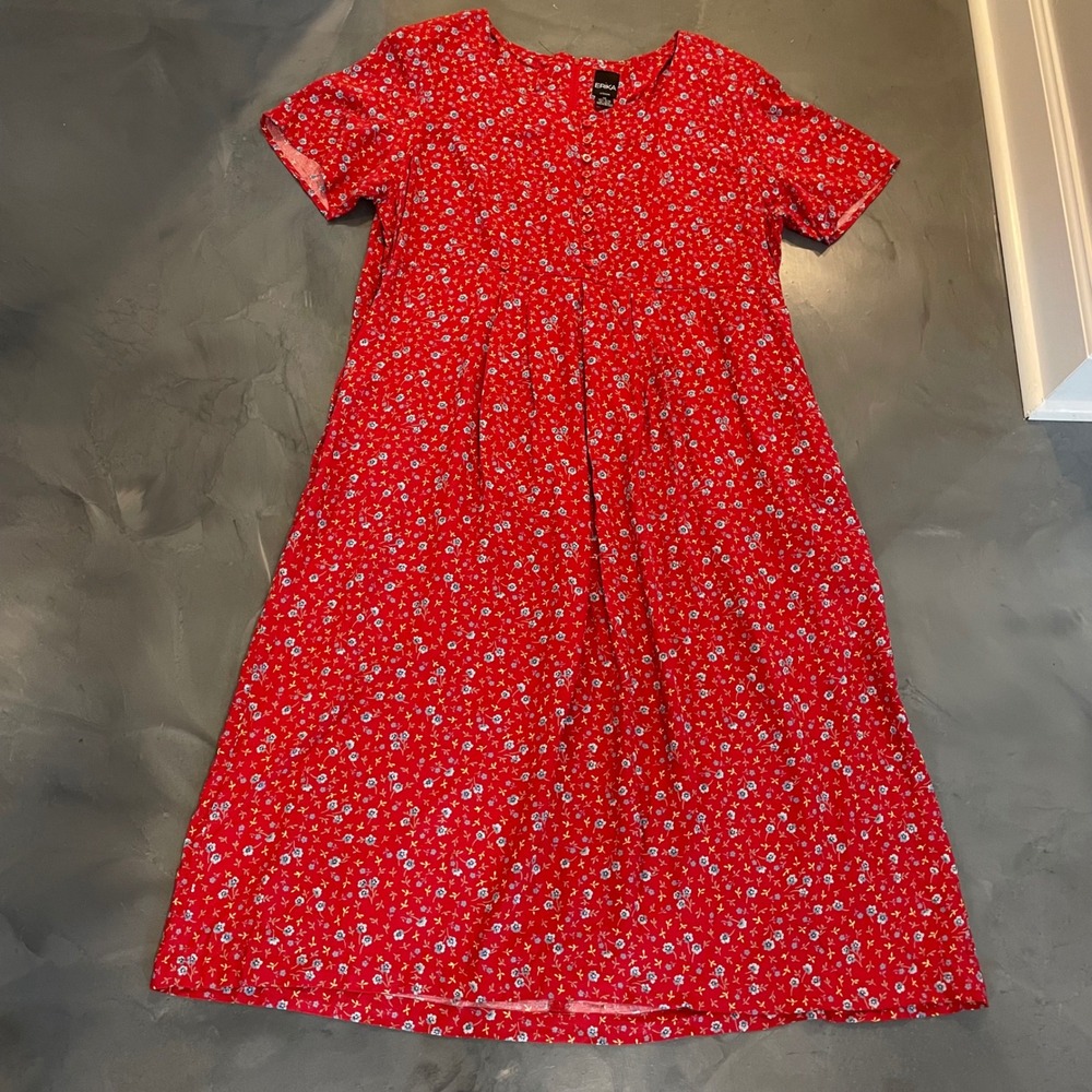 Erika Woman Red Floral Midi Dress Cottagecore 2X Pockets Prairie Plus Size - Picture 2 of 10